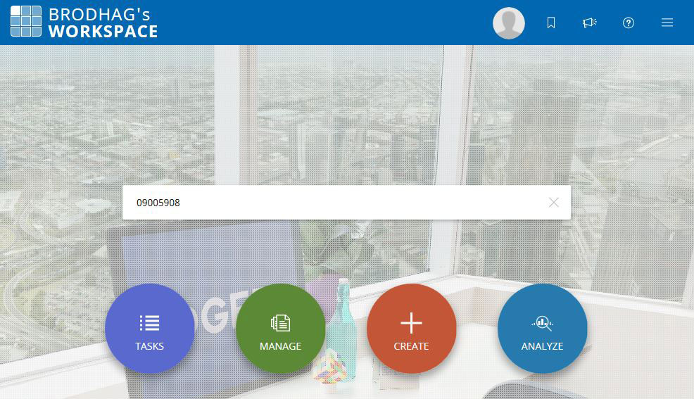 Brodhag's Workspace global search field with a purchase order number