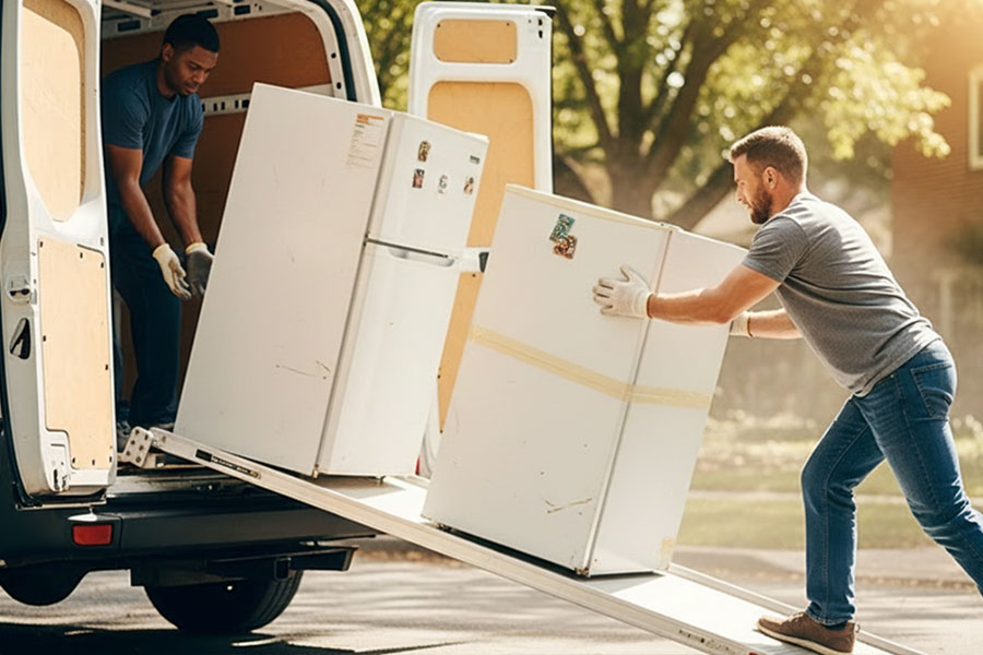 men moving refrigerators into truck